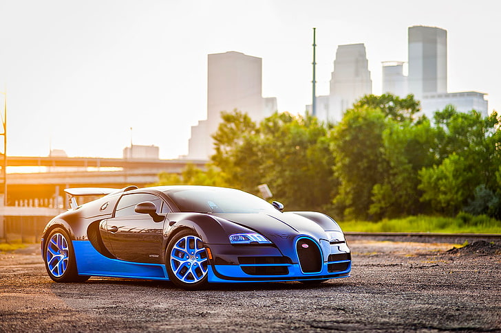 Bugatti, Veyron, แกรนด์, สีน้ำเงิน, มุมมองด้านข้าง, วอลล์เปเปอร์ HD