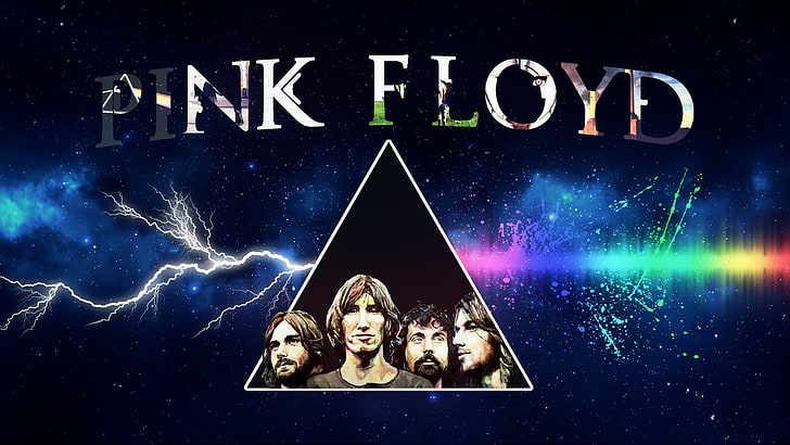 Illustration de Pink Floyd, Pink Floyd, triangle, ciel, éclairs, arcs-en-ciel, étoiles, le côté obscur de la lune, Fond d'écran HD