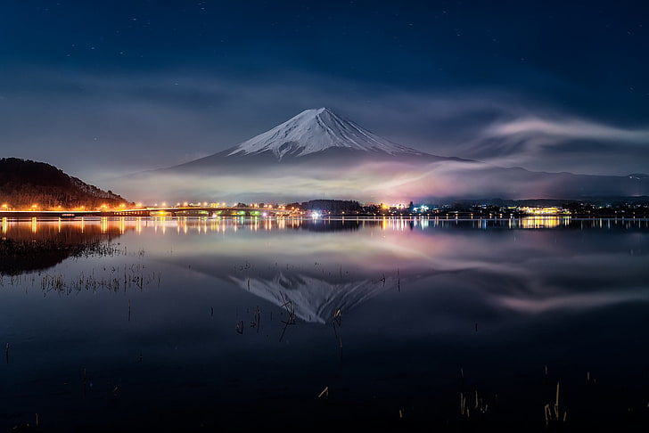 Mt. Fuji, nature, reflection, mountains, snowy peak, mountain pass, Mount Fuji, Japan, HD wallpaper