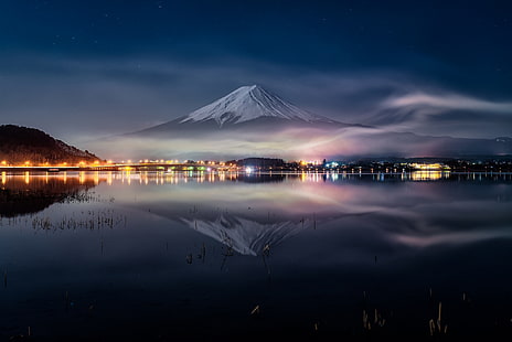 Mt. Fuji, nature, reflection, mountains, snowy peak, mountain pass, Mount Fuji, Japan, HD wallpaper HD wallpaper