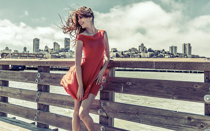 Smile girl, red dress, wind, woman's red dress, Smile, Girl, Red, Dress, Wind, HD wallpaper