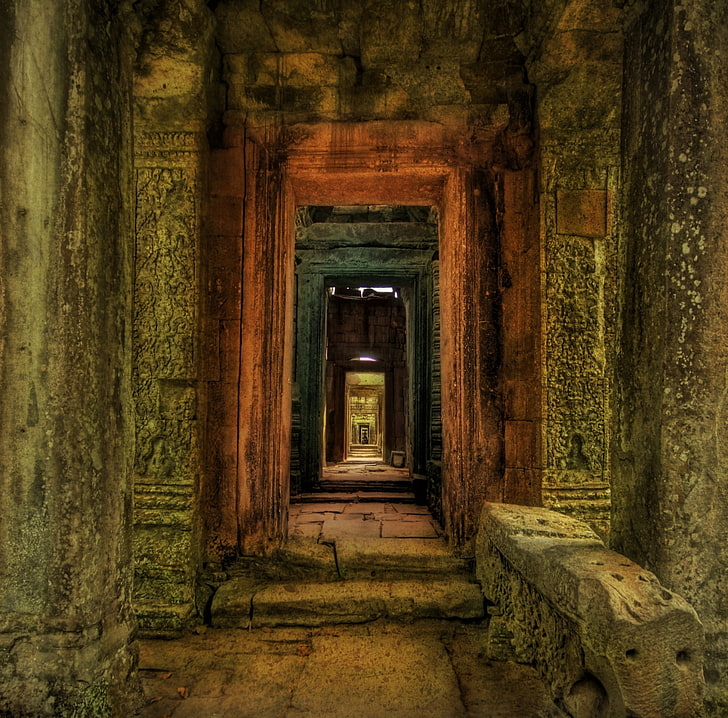 Passagem dentro do templo, Camboja, corredor de concreto marrom, Ásia, Camboja, Cidade, Arquitetura, Templo, antiga, passagem, HD papel de parede