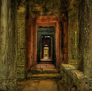 Проход внутри храма, Камбоджа, коричневый бетонный коридор, Азия, Камбоджа, Город, Архитектура, Храм, древние, проход, HD обои HD wallpaper