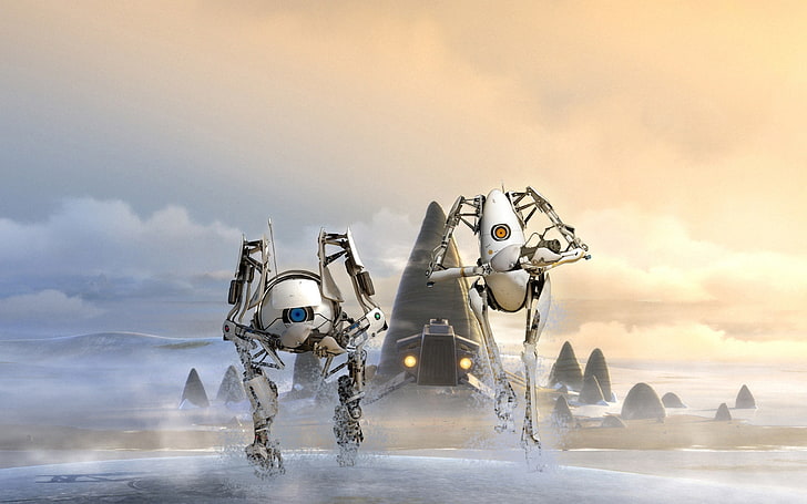 Portal 2 Robots Atlas-PC Game HD Wallpaper, two white robot illustration, HD wallpaper
