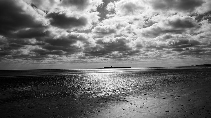 black and white, clouds, sky, sea, horizon, water, beach, reflections, stormy, northern ireland, united kindgom, photography, monochrome photography, europe, cloudy, HD wallpaper