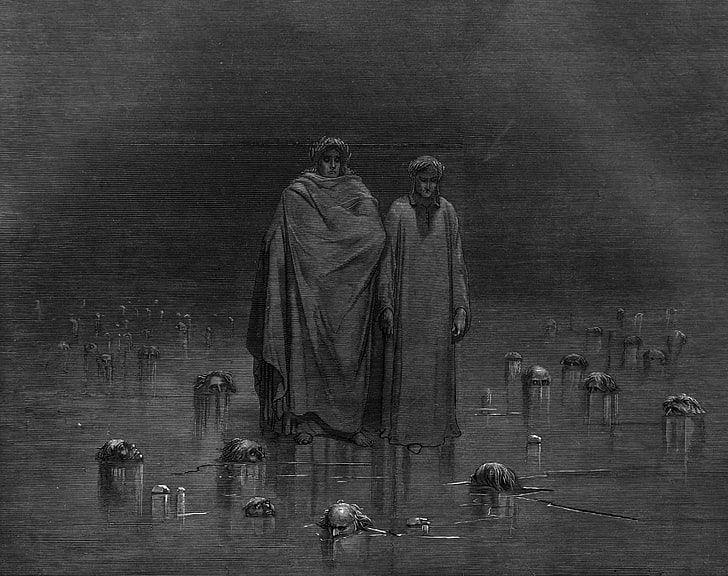 illustrazioni di due uomini, La Divina Commedia, Inferno di Dante, Gustave Doré, Dante Alighieri, arte classica, Sfondo HD