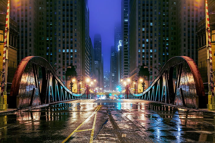 Chicago, Illinois, the city of bridges, grey concrete road, USA, Chicago, Illinois, the city of bridges, roads, street, Night, evening, lights, Skyscrapers, Buildings, pools, water, reflection, HD wallpaper