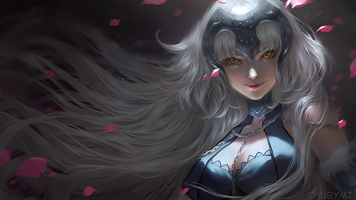 chuby mi, Fate Series, Fate/Grand Order, Jeanne (Alter) (Fate/Grand Order), anime girls, simple background, black background, Petal, long hair, white hair, bangs, looking at viewer, yellow eyes, smiling, chains, cleavage, HD wallpaper