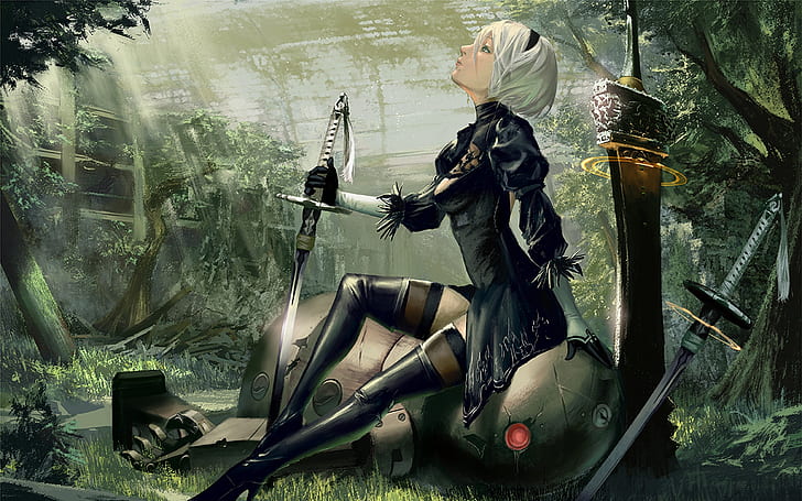 girl, robot, sword, cyborg, Nier Automata, YoRHa No.2 Type B, HD wallpaper