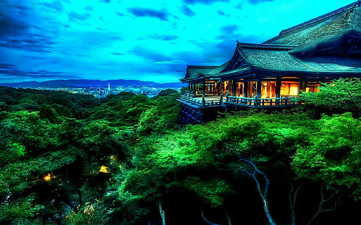 Staying Here Tonight, forest, hill top, chinese, light, pavilion, ancient, animals, HD wallpaper