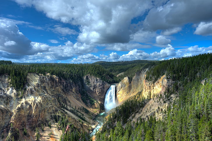 Yellowstone Lower Falls, Wyoming, USA, skały, las, krajobraz, wodospad, kanion, Wyoming, przyroda, Yellowstone Lower Falls, park narodowy, Tapety HD