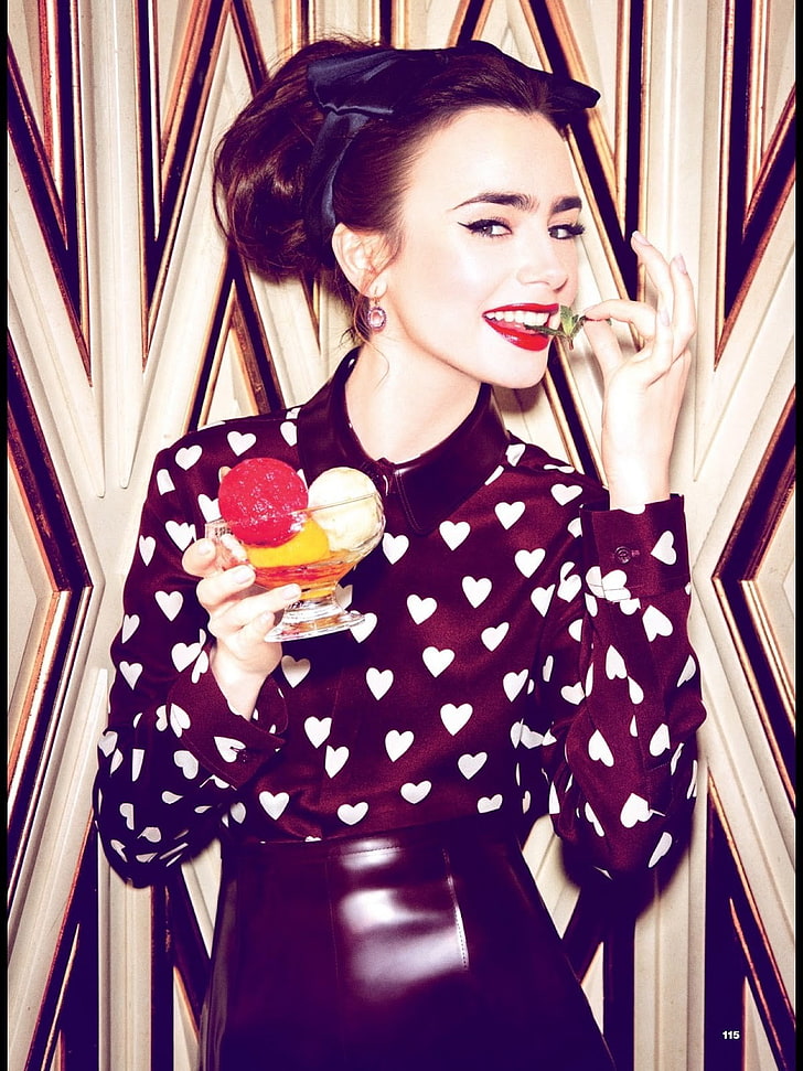 Lily Collins, portrait, women, makeup, hairband, black clothing, ice cream, red lipstick, HD wallpaper