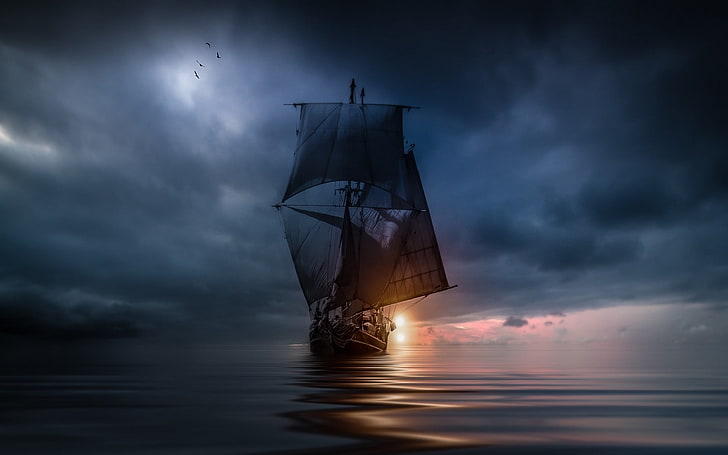 brown ship, landscape, nature, sea, clouds, sunset, sailing ship, storm, blue, water, birds, flying, HD wallpaper