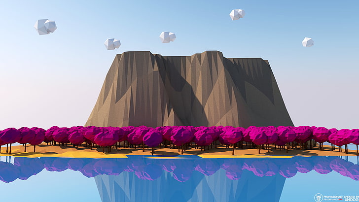 ilustração em perspectiva 3D montanha marrom, baixo poli, árvores, montanhas, reflexão, HD papel de parede