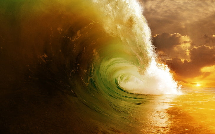 waves, sunset, colorized photos, sea, HD wallpaper