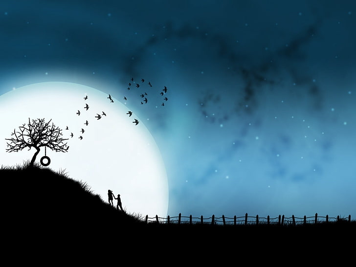 ilustração da lua cheia, vapor, árvore, amor, abraços, pássaros, noite, silhuetas, HD papel de parede