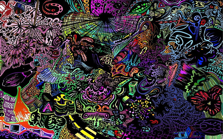 multicolored doodle digital wallpaper, colorful, abstract, surreal, artwork, HD wallpaper