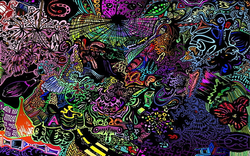 wallpaper digital doodle warna-warni, berwarna-warni, abstrak, surealis, karya seni, Wallpaper HD HD wallpaper