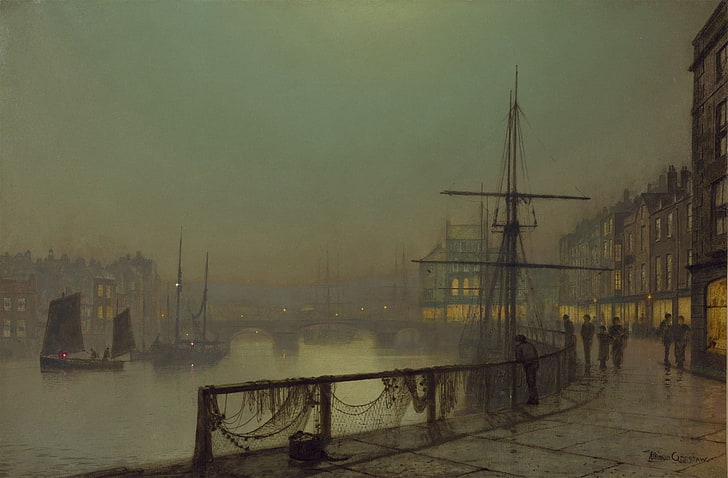 velero marrón, pintura, barco, puertos, John Atkinson Grimshaw, arte clásico, Fondo de pantalla HD