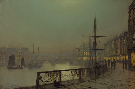 velero marrón, pintura, barco, puertos, John Atkinson Grimshaw, arte clásico, Fondo de pantalla HD HD wallpaper