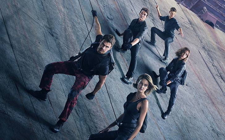 three men's black shirt and two women's black tank top and jacket, fiction, wall, rope, poster, Theo James, Shailene Woodley, Divergent, Ansel Elgort, Miles Teller, Zoe Kravitz, Chapter 3: Behind the wall, The Divergent Series: Allegiant, HD wallpaper