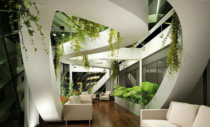 растения, современный, дизайн, хай-тек, светлые оттенки, Гостиная, HD обои