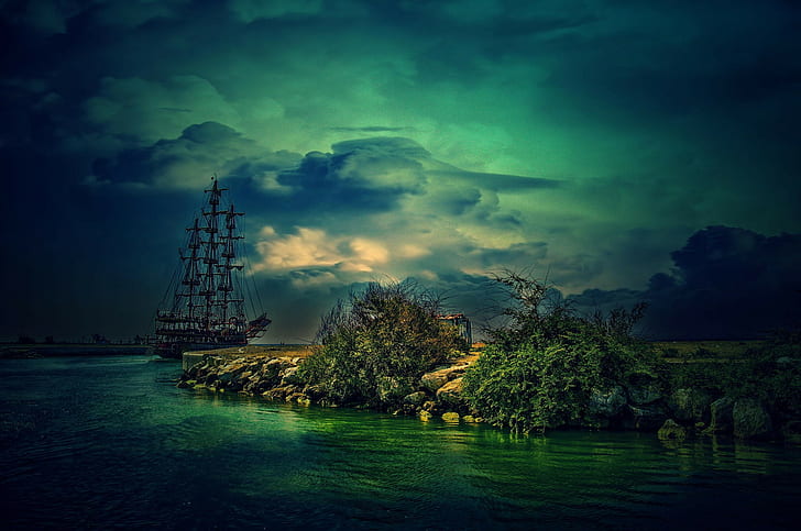 arte de fantasía, mar, nubes, barco, velero, Fondo de pantalla HD