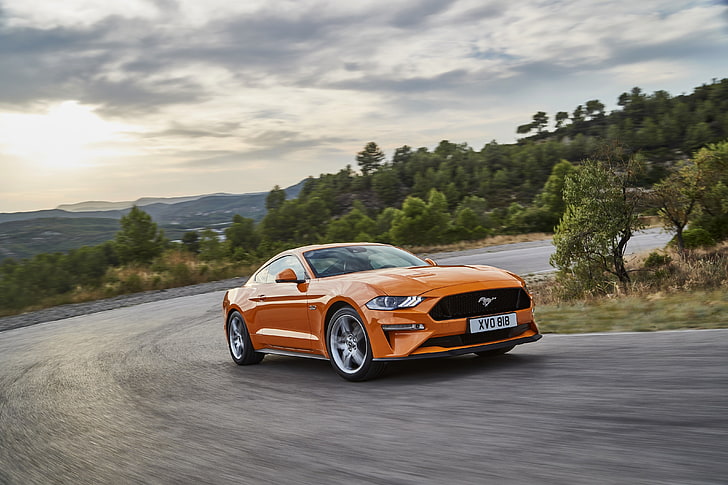orange, movement, Ford, turn, 2018, fastback, Mustang GT 5.0, HD wallpaper