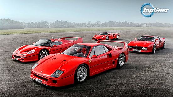 fyra röda Ferrari-sportkuponger, Top Gear, Ferrari, Red, F40, Sky, Grass, Enzo, Front, Supercars, Track, Italian, F50, 288 GTO, HD tapet HD wallpaper