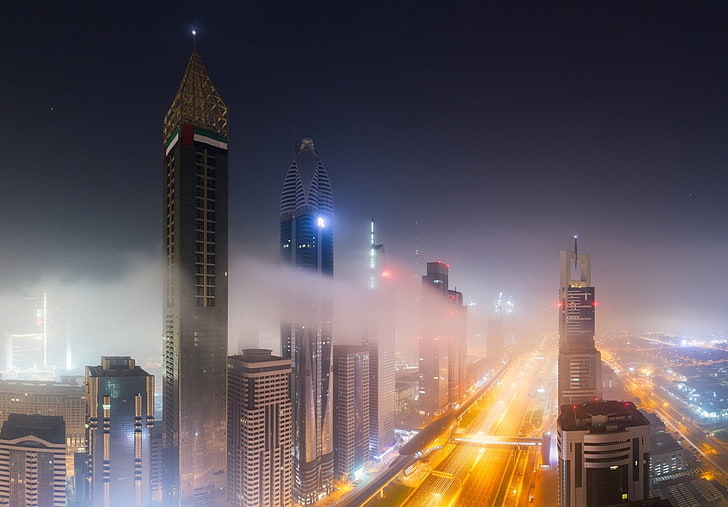 Miasta, Dubaj, Antena, Budynek, Mgła, Światło, Noc, Drapacz chmur, Ulica, Zjednoczone Emiraty Arabskie, Tapety HD
