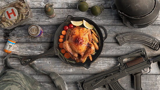 Kurczak, jedzenie, PUBG, Martwa natura, broń, Tapety HD HD wallpaper