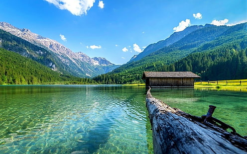 sjö natur båthus berg landskap timmer sommar skog dagsljus vatten österrike, HD tapet HD wallpaper