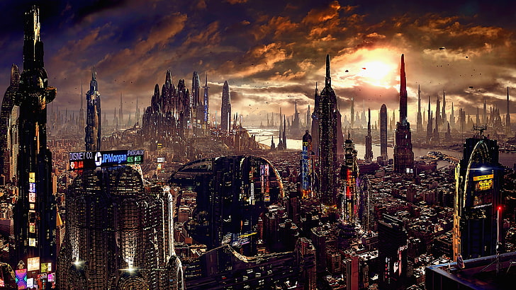 ilustracja budynków miejskich, grafika, futurystyczne miasto, science fiction, sztuka cyfrowa, grafika koncepcyjna, pejzaż miejski, futurystyczny, zachód słońca, grafika komputerowa, Disney, Tapety HD