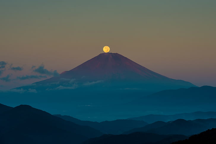 mountains, landscape, Mount Fuji, Japan, Moon, nature, HD wallpaper