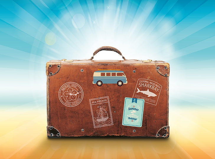 旅行スーツケース、茶色の革のブリーフケース、季節、夏、海、旅行、ビーチ、パラダイス、夢、ハワイ、休日、シンボル、休日、サーフ、マリブ、帆、スーツケース、ステッカー、荷物、vwbus、 HDデスクトップの壁紙