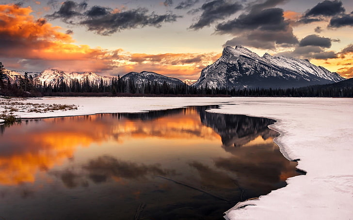 Foto del lago durante el día, paisaje, montañas, lago, nieve, Banff, Mount Rundle, Canadá, Fondo de pantalla HD