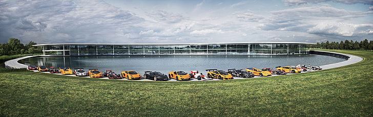assorted-color of cars, McLaren Technology Centre, car, McLaren MP4-12C, McLaren M1B, McLaren F1, McLaren F1 GTR, McLaren MP4-12C GT3, McLaren P1, McLaren Formula 1, dual monitors, multiple display, vehicle, orange cars, black cars, race cars, supercars, HD wallpaper
