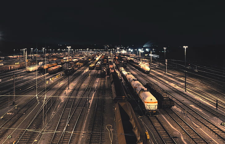 ночь, железная дорога, поезд, автомобиль, HD обои