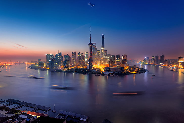 Szanghaj, Chiny, miasto, długi czas naświetlania, woda, światła miejskie, Szanghaj, Chiny, Tapety HD