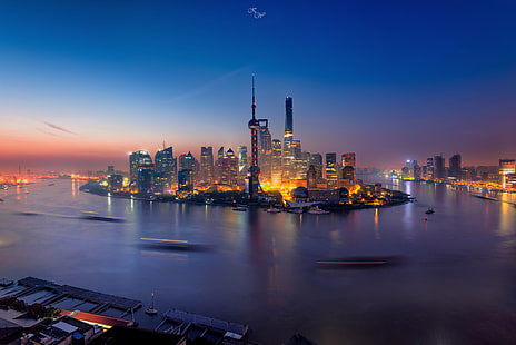 Шанхай, Китай, город, длительная выдержка, вода, огни города, Шанхай, Китай, HD обои HD wallpaper
