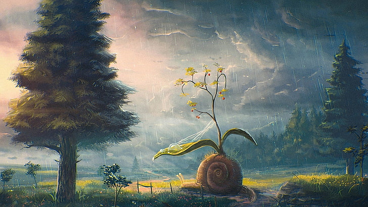 drzewo z zachmurzonym niebem grafika ścienna, Sylar, fantasy art, deszcz, natura, krajobraz, niebo, Tapety HD