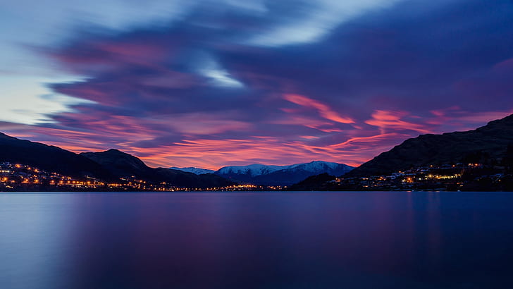 lake, dawn, mountains, horizon, sunrise, city lights, landscape, purple sky, snowy mountain, HD wallpaper
