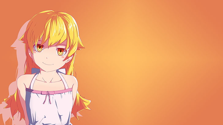 personagem de anime menina de cabelos amarelos, série Monogatari, Oshino Shinobu, anime, meninas anime, fundo simples, gradiente, HD papel de parede