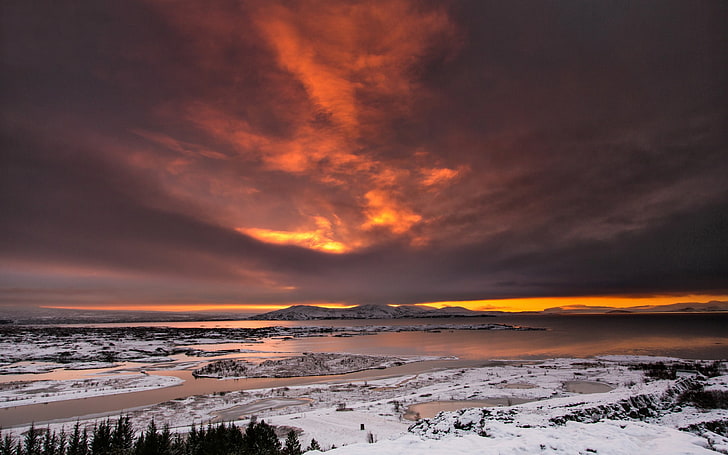 snow mountain, nature, landscape, Iceland, sunset, HD wallpaper