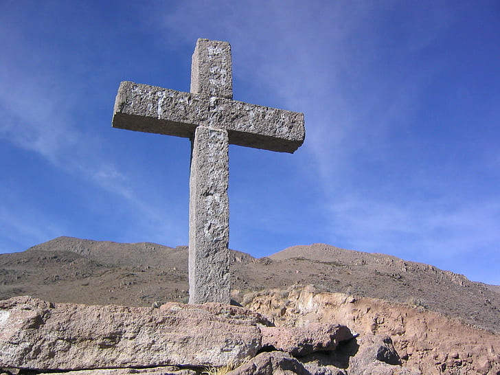 gray concrete cross, gray, concrete, Peru, South America, Round the world, trip, Backpacking, Adventure, Holiday, Colca Canyon, Stone  Cross, Cañón, del, Blue  Sky, cross, religion, christianity, spirituality, cross Shape, cemetery, crucifix, catholicism, grave, church, jesus Christ, death, god, HD wallpaper