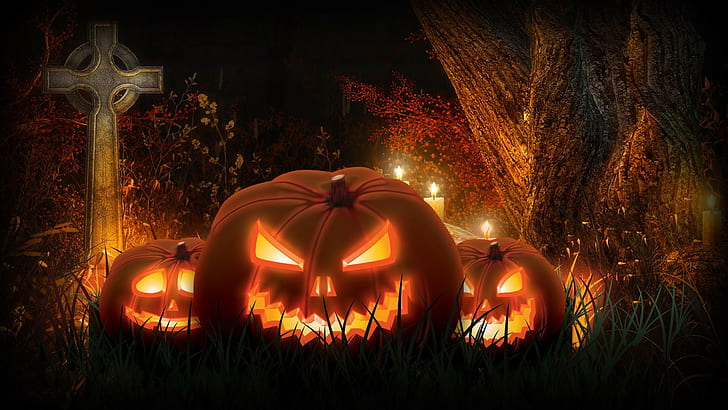 Halloween, holiday, night, rendering, Halloween, pumpkin, night, holiday, cross, HD wallpaper
