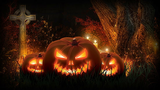 Halloween, Feiertag, Nacht, Wiedergabe, Halloween, Kürbis, Nacht, Feiertag, Kreuz, HD-Hintergrundbild HD wallpaper
