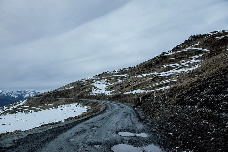 jalan beton kelabu, jalan, gunung, air, musim dingin, Wallpaper HD