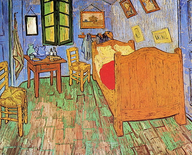 cama, sillas, ventana, cuadros, Vincent van Gogh, The Bedroom,., Fondo de pantalla HD HD wallpaper