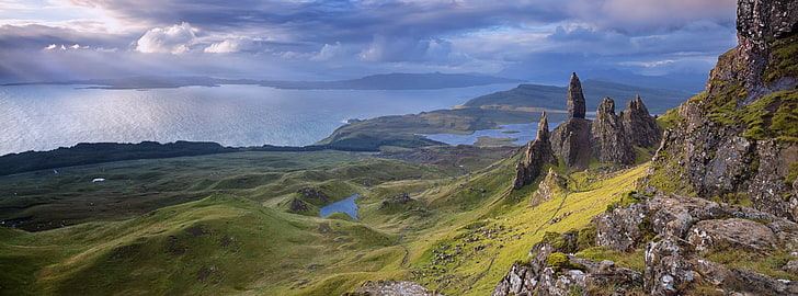 Old Man of Storr, Isle of Skye, Szkocja, góry blisko oceanu, Europa, Wielka Brytania, przyroda, Szkocja, Skye, isleofskye, oldmanofstorr, thestorr, Tapety HD